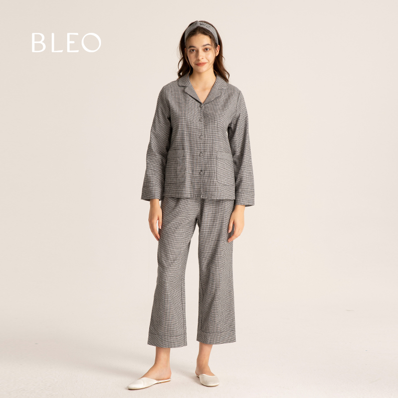 BLEO秋冬新品色织磨毛棉千鸟格衬衫式长袖法式套装可外穿家居服