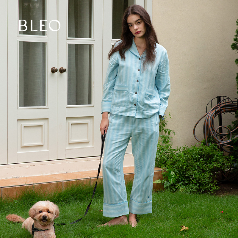 BLEO春夏新品色织磨毛棉蓝白条纹衬衫式长袖睡衣套装可外穿家居服