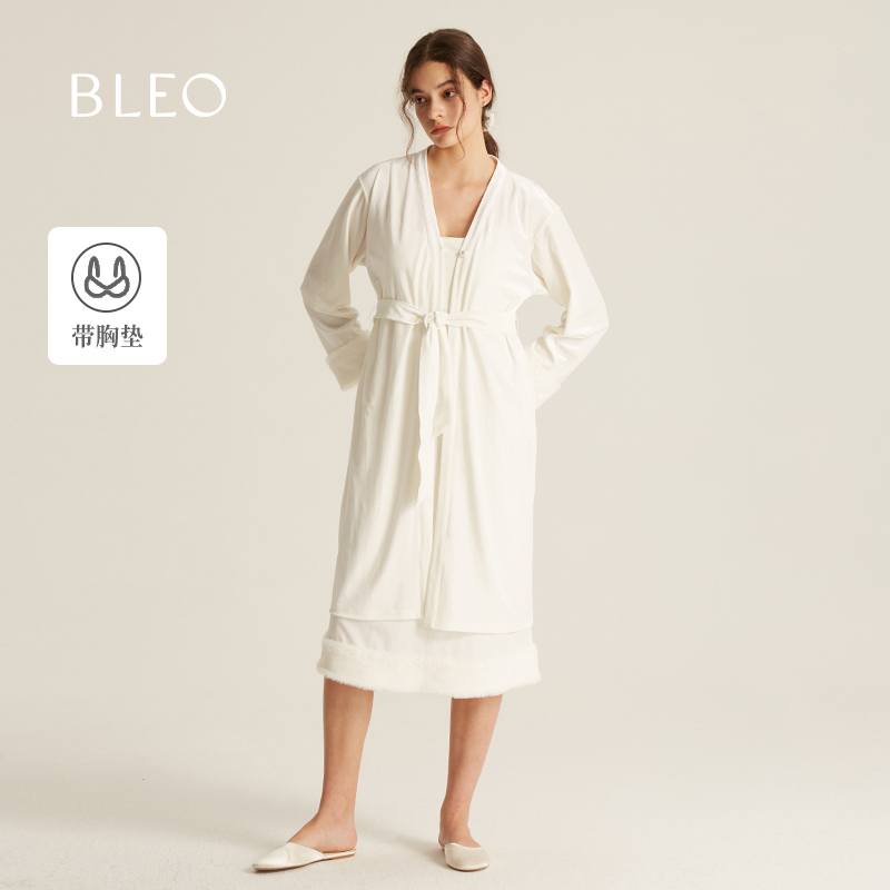 BLEO秋冬新品丝绒拼接毛绒带胸垫法式睡裙长开衫睡浴袍外穿家居服