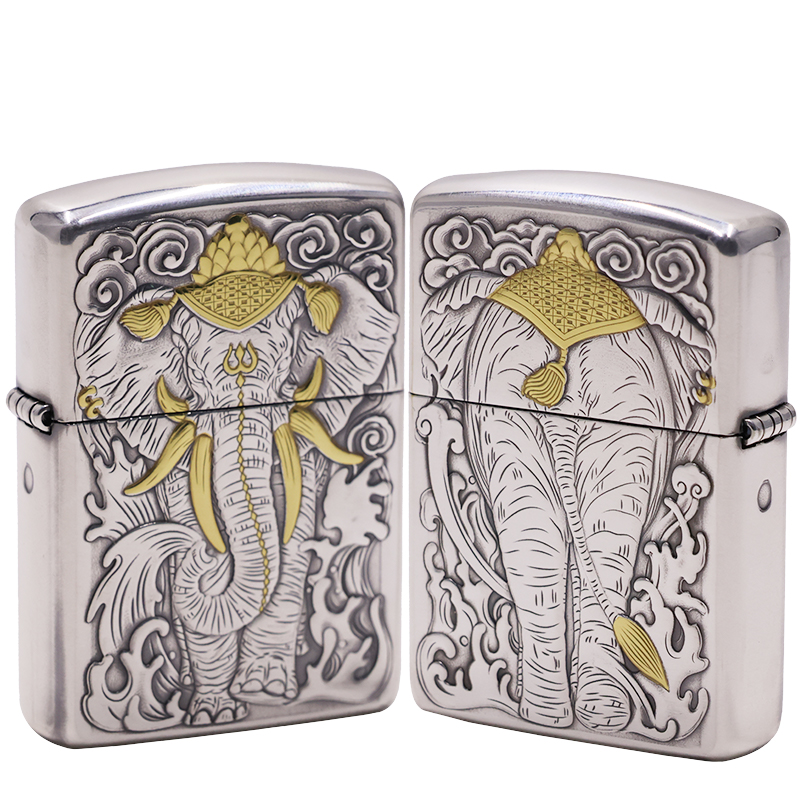 ZIPPO/之宝S925银嵌金【六牙大象】盔甲机正品煤油打火机KF-DF