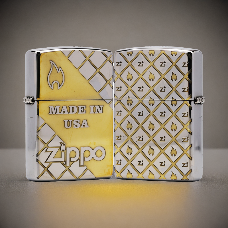 ZIPPO/之宝双色雕刻方格小标 打火机KF-D