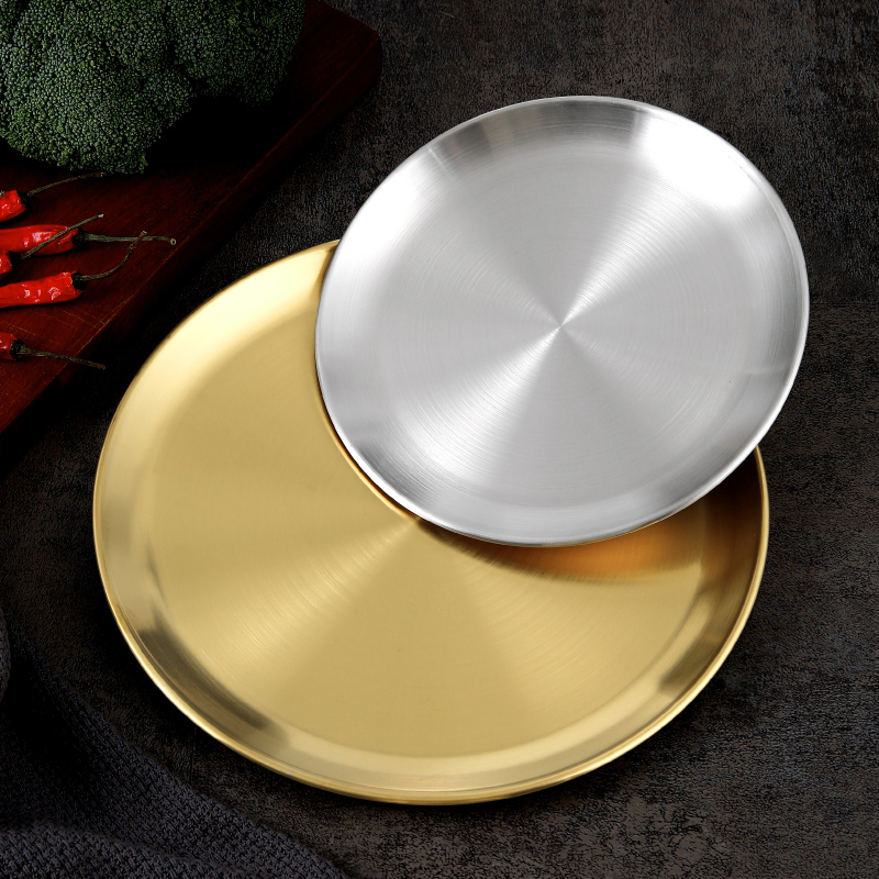 韩式304不锈钢加厚圆盘金色咖啡厅托盘水果蛋糕烤肉骨碟菜碟浅盘