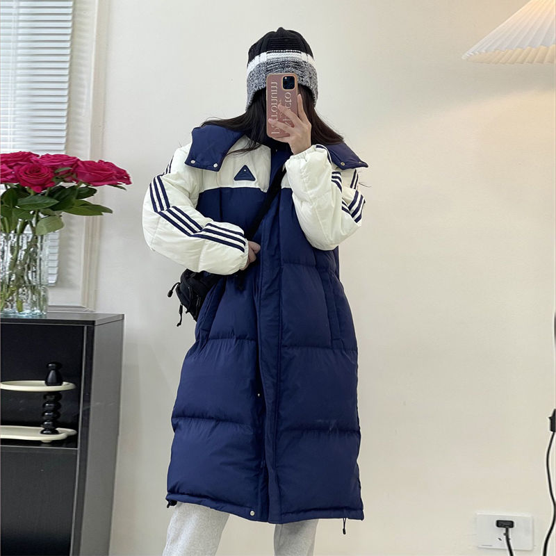 波司澄2023年新款拼色羽绒棉服女中长款过膝加厚韩版宽松面包服棉