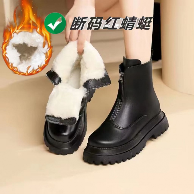 红蜻蜓牌软皮切尔西短靴女冬季加厚加绒雪地靴厚底棉靴洋气马丁靴