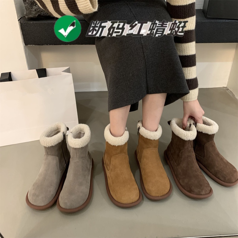 红蜻蜓牌雪地靴女冬2023新款森系复古加绒棉鞋子平底丑萌毛毛短靴