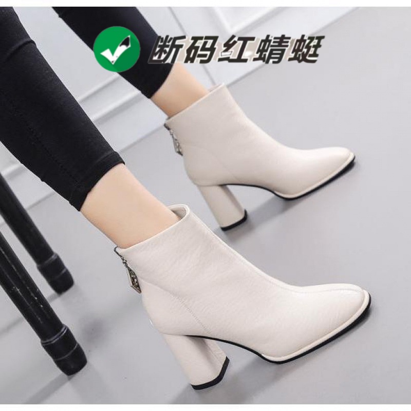 红蜻蜓牌软皮秋冬新款百搭短靴女金属水钻后拉链韩版马丁靴粗跟短
