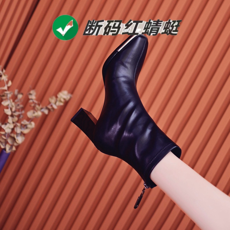 红蜻蜓牌黑色高跟短靴女春秋单靴2023爆款洋气粗跟瘦瘦靴百搭小个