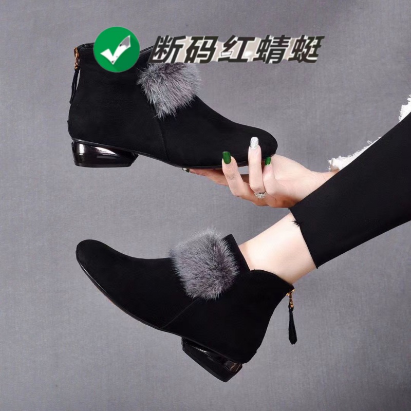 红蜻蜓牌秋冬新款粗跟真软皮小短靴女尖头低跟百搭时尚舒适加绒马