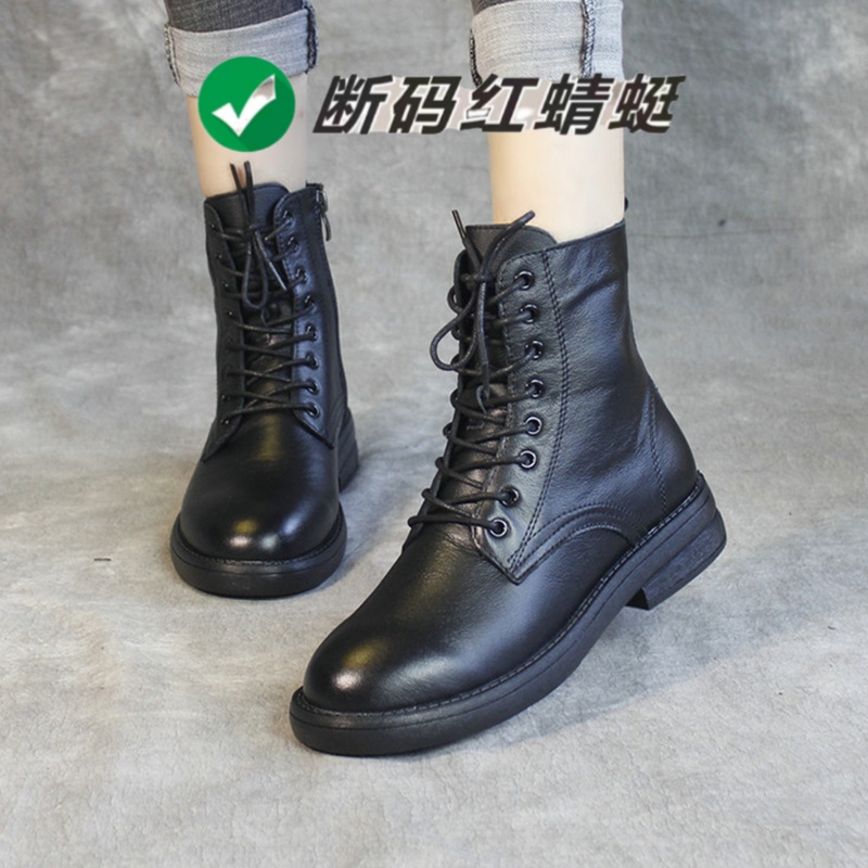 红蜻蜓牌马丁靴女2023秋冬季新款时尚透气英伦风单靴软皮薄款复古