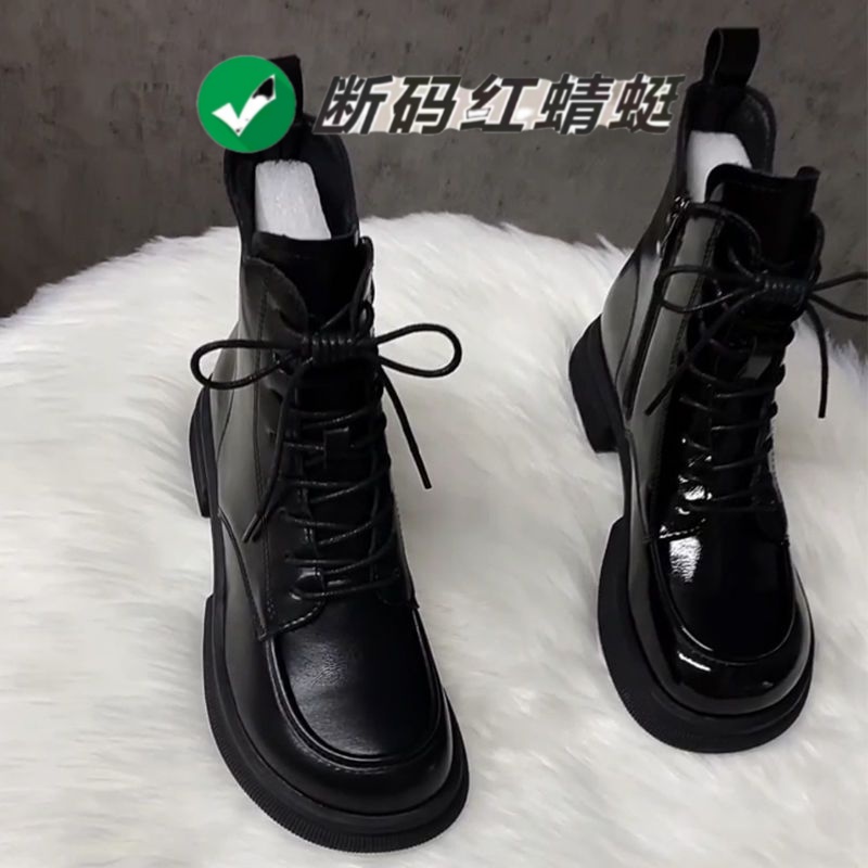 红蜻蜓牌加绒厚底马丁靴女英伦风ins复古中筒靴子显瘦百搭小短靴