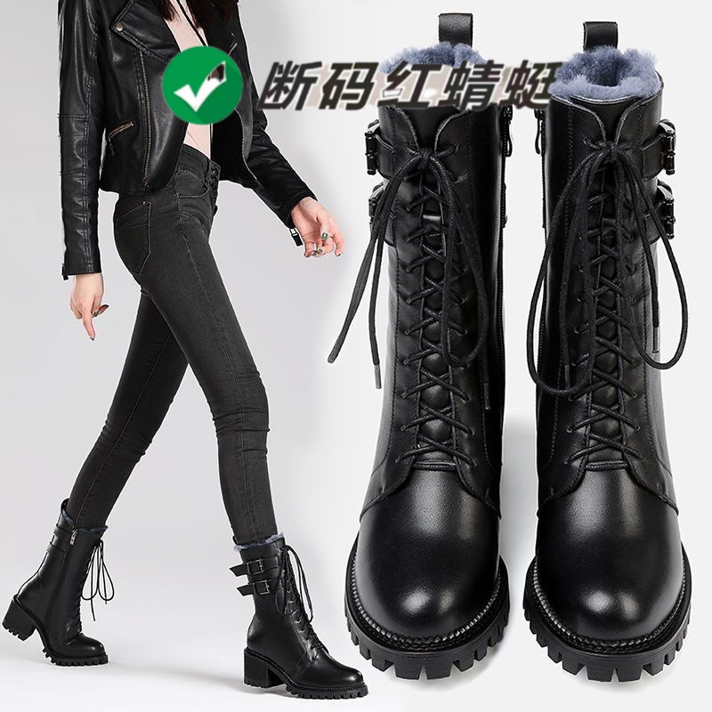红蜻蜓牌新款雪地靴2023新款马丁靴粗跟优质前系带侧拉链英伦ins