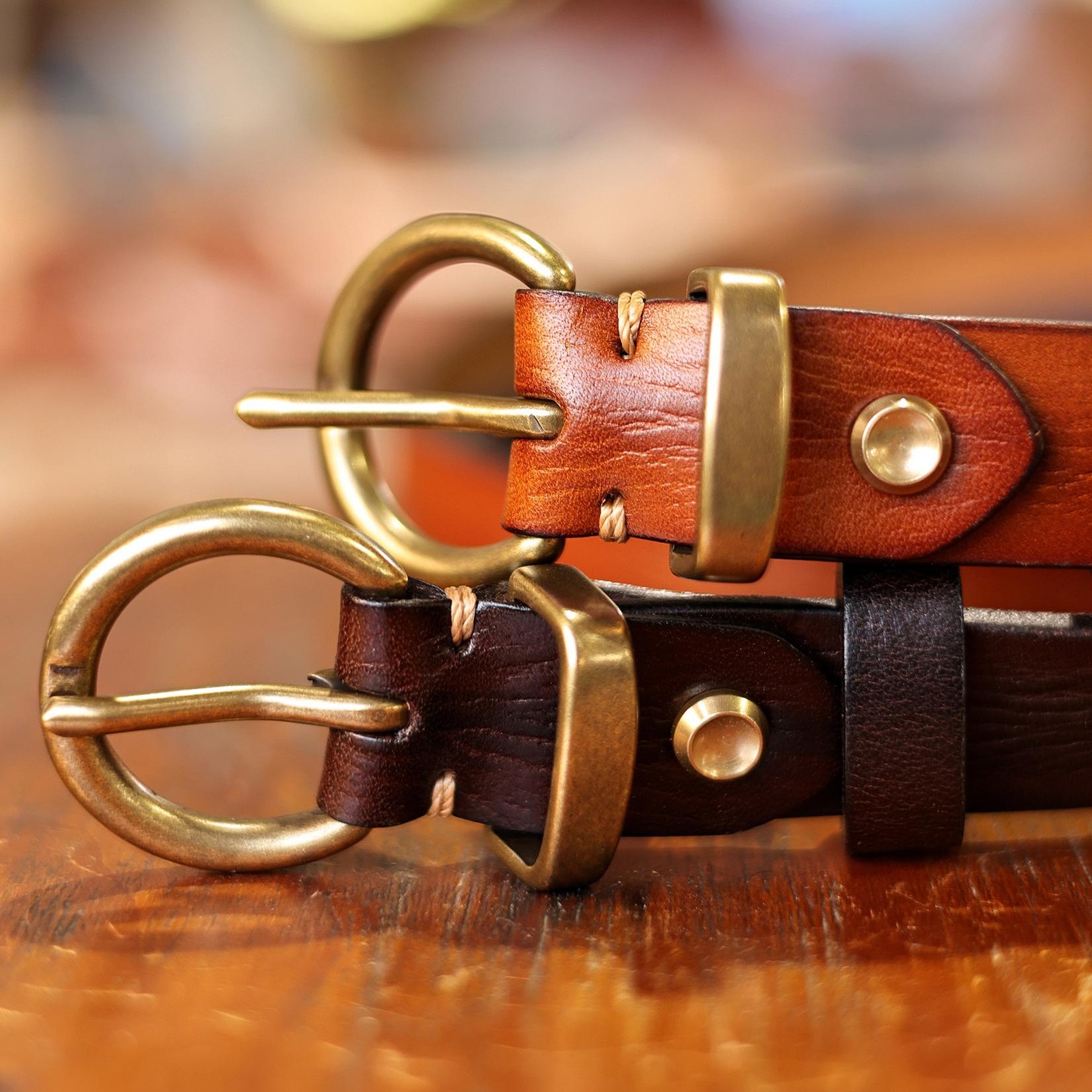 旧嘢贩革头层牛皮植鞣皮文艺复古简约纯铜圆扣休闲百搭女皮带2.5