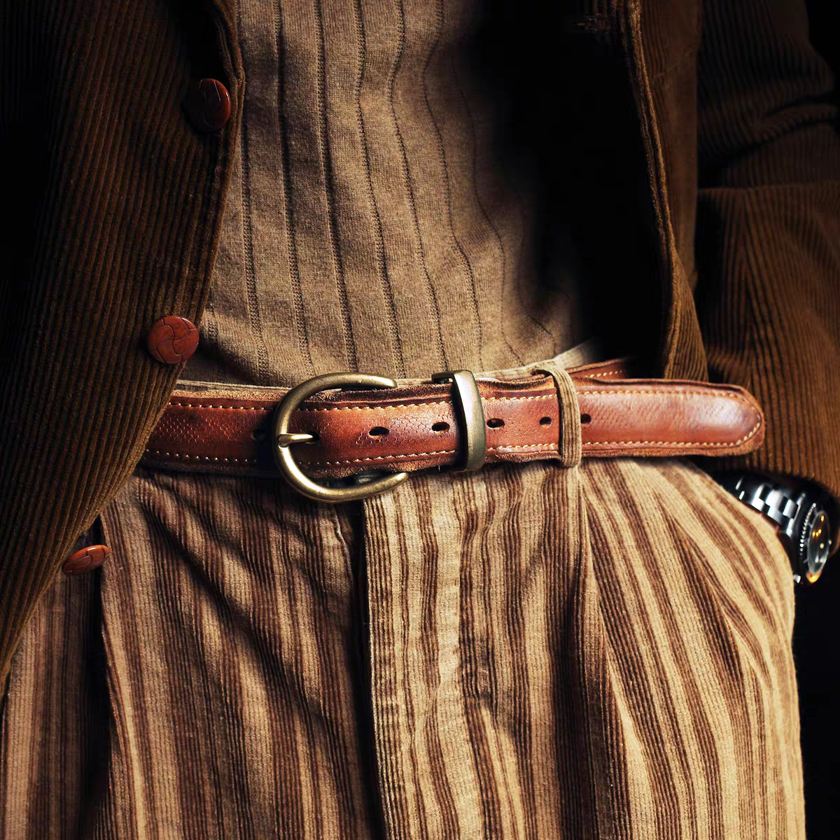 旧嘢贩革 手工皮带男青年新款黄铜针扣头层牛皮植鞣皮做旧腰带男