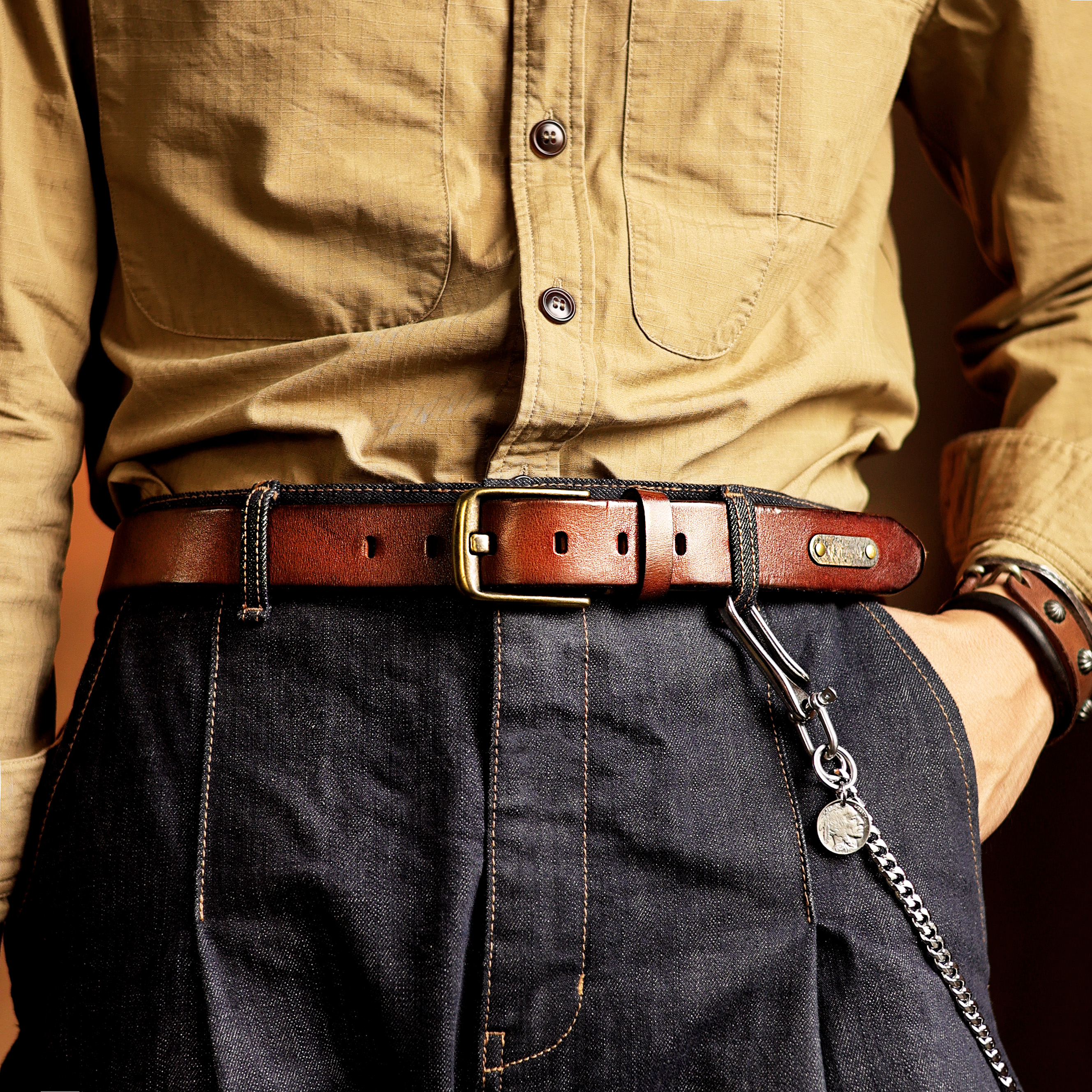 旧嘢贩革意大利头层植鞣头层牛皮腰带纯铜扣复古男士工装皮带3.5