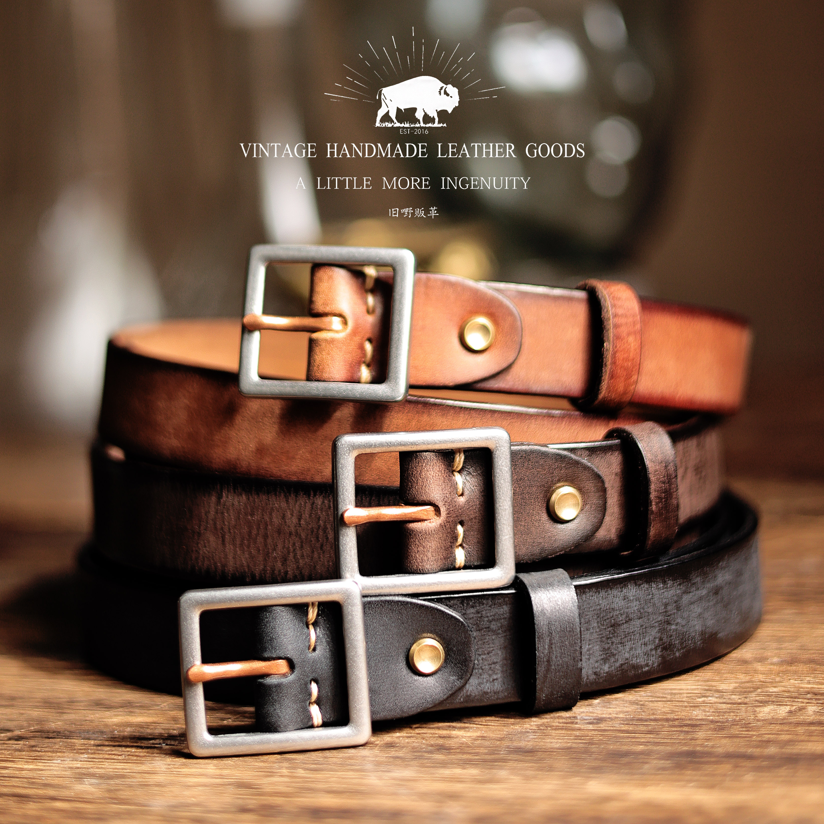 阿美咔叽美式复古风格意大利真牛皮钢扣手工腰带男女通用百搭皮带