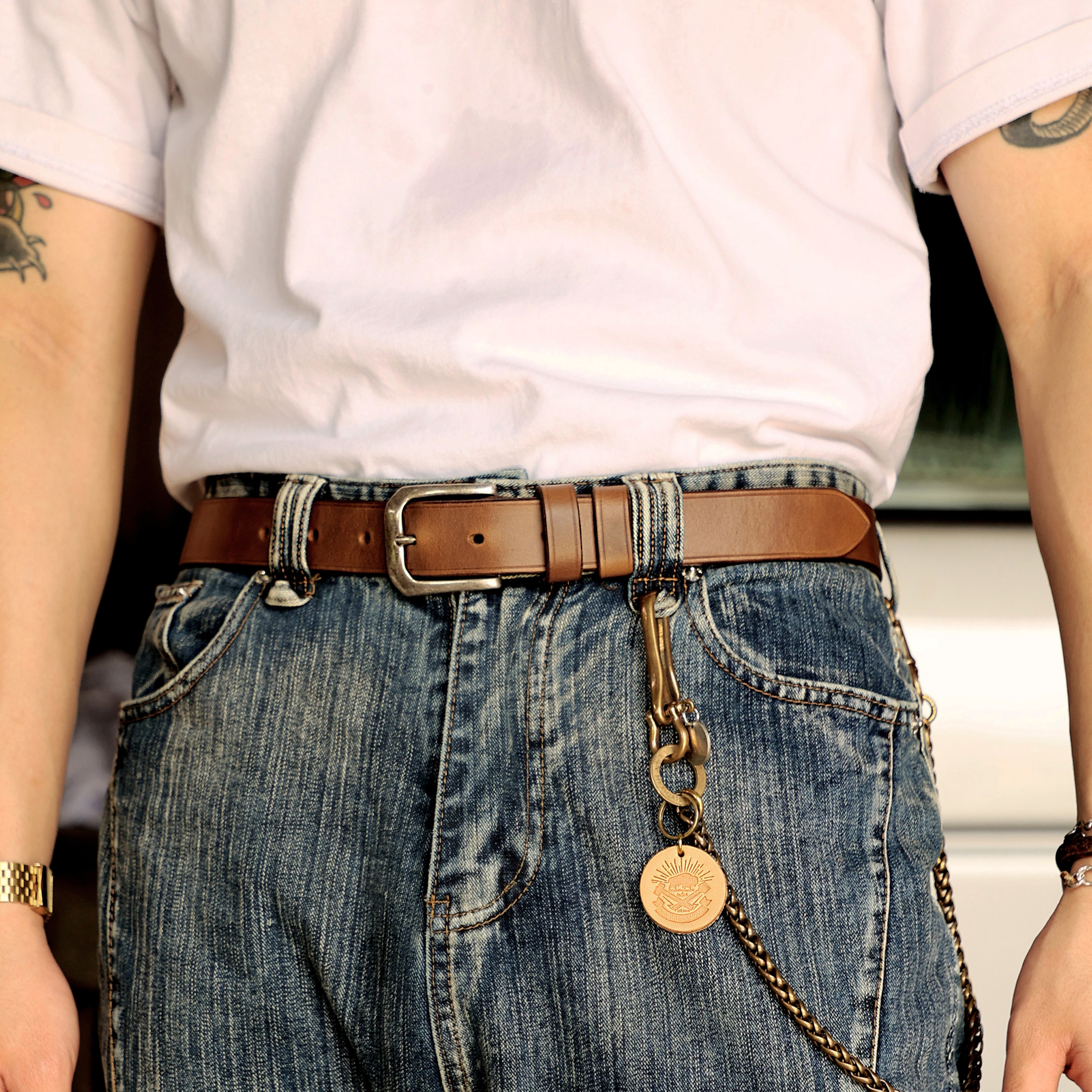 旧嘢贩革3.3宽男士皮带 美式复古霍尔文牛皮纯手工古铜扣真皮腰带