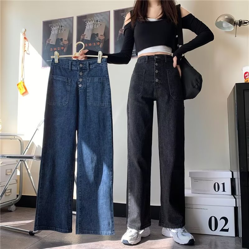大码胖mm宽松垂感牛仔阔腿裤女春新款高腰不规则纽扣直筒长裤子