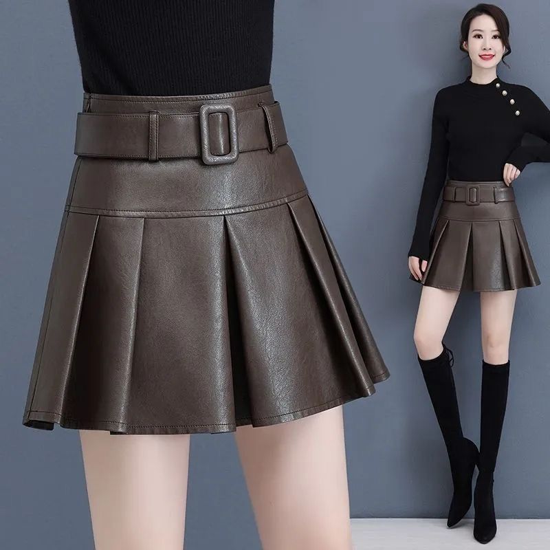 2023秋冬新款半身裙女高腰弹力pu皮短裙子时尚百搭显瘦百褶小皮裙