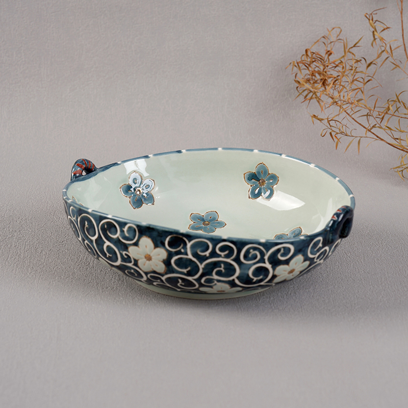 日式进口家用双耳钵波佐见烧龙庵唐草桔梗描金双耳钵陶瓷碗釉下彩