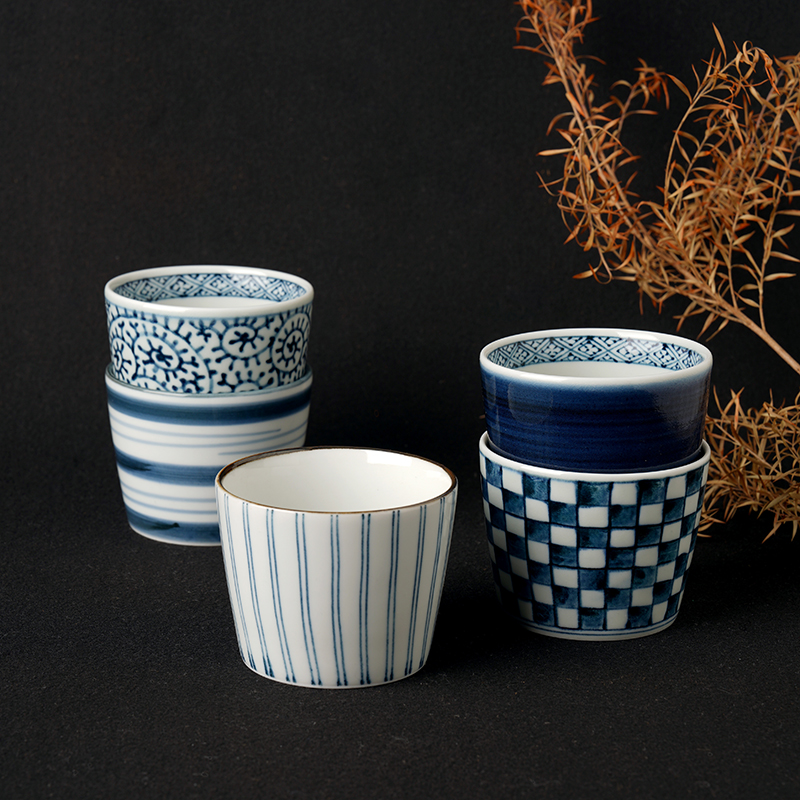 波佐见 蓝屋绘变茶杯水杯 随手杯日本进口陶瓷杯子五件套家用礼盒