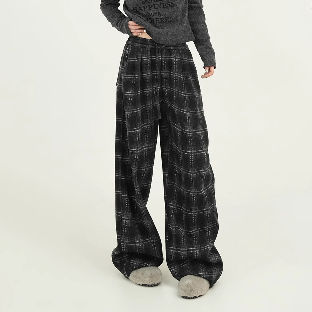 VUMP 格子高腰加绒垂感阔腿直筒裤女秋冬新款韩系宽松拖地休闲裤