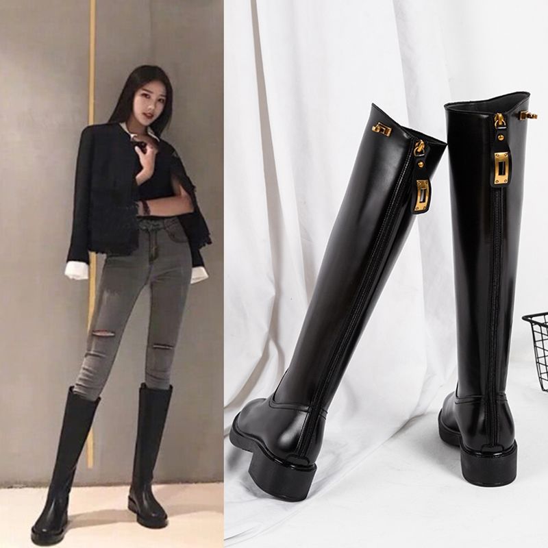 长筒靴女2023新款过膝小个子平底加绒高筒靴网红小腿粗大筒围骑士