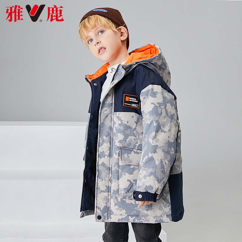 雅鹿儿童男童羽绒服2022新款冬装中长款连帽外套中大童宝宝加厚
