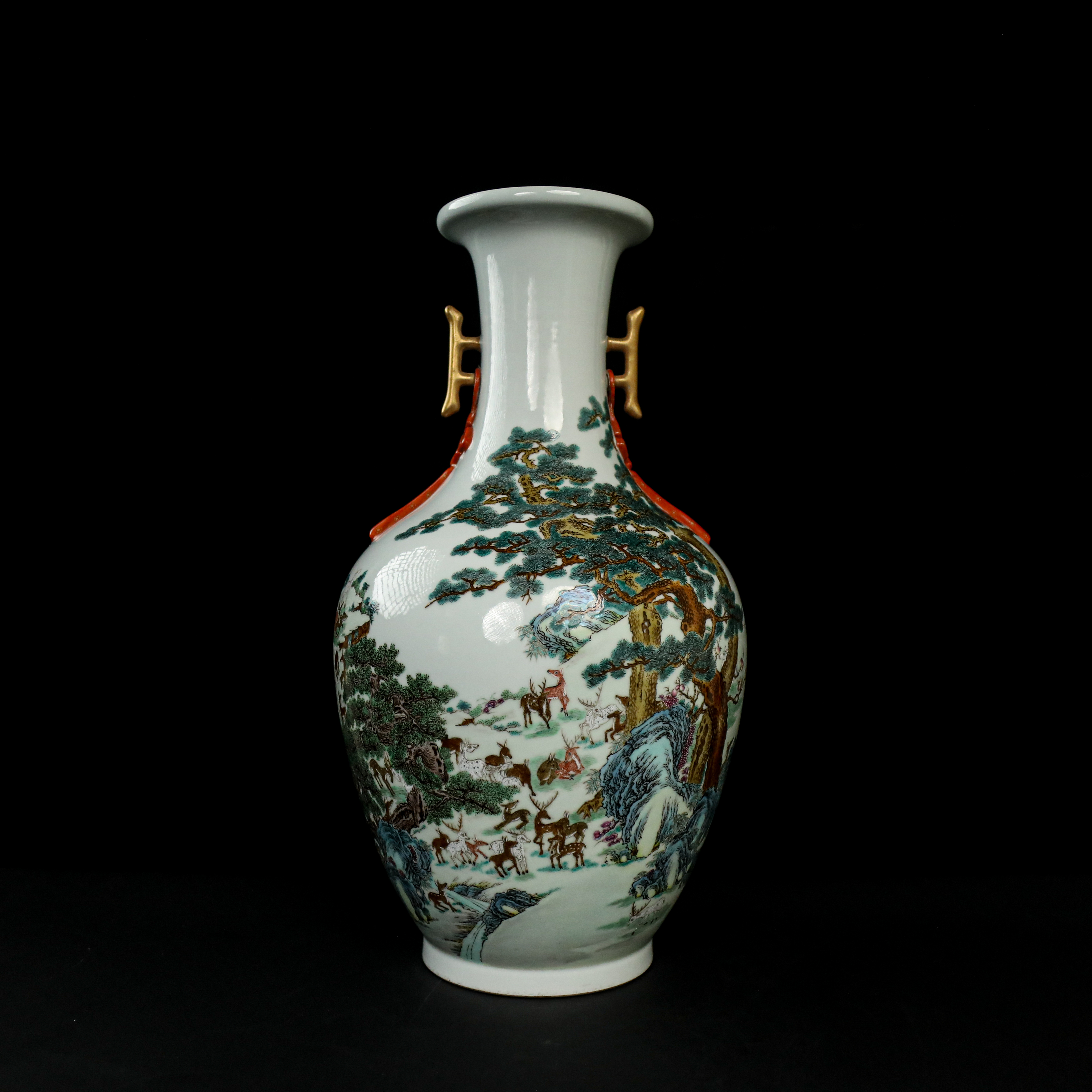 清中期粉彩百鹿图双耳赏瓶(Z16)深圳三森文物SM414古陶瓷/文玩