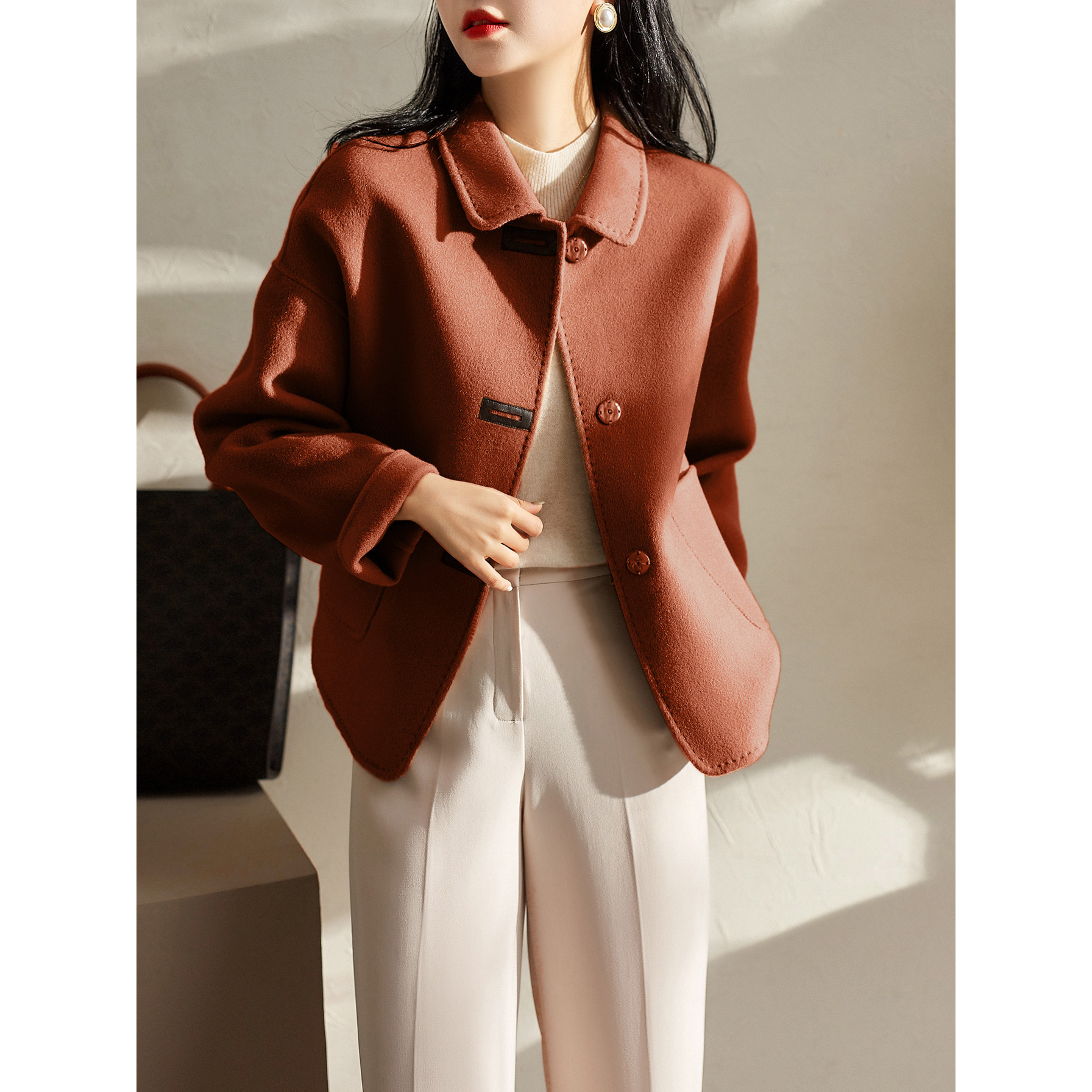 XFYN |【风吹半夏】早秋新款气质简约短款双面羊毛呢大衣