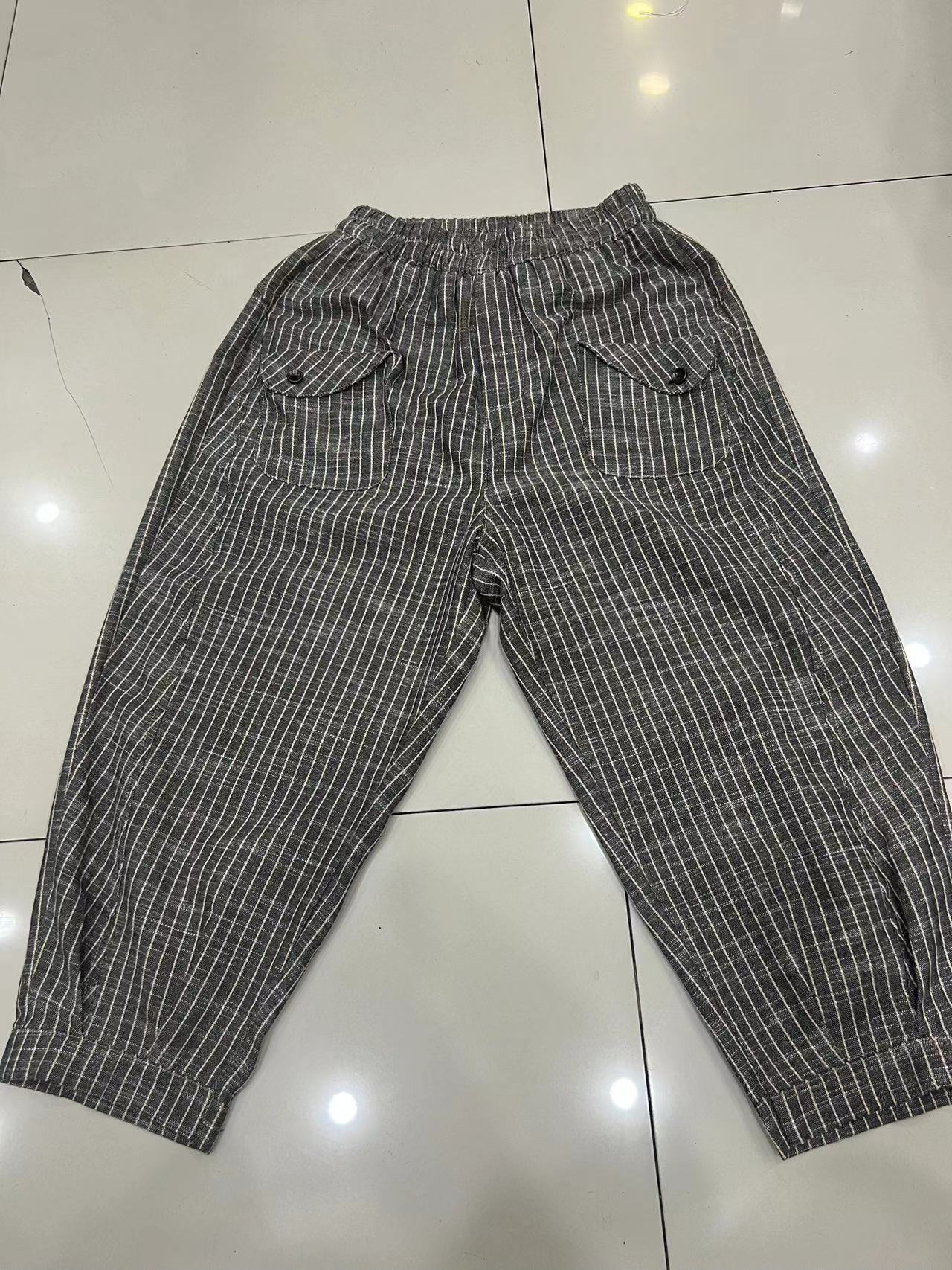 新款棉麻条纹休闲九分裤