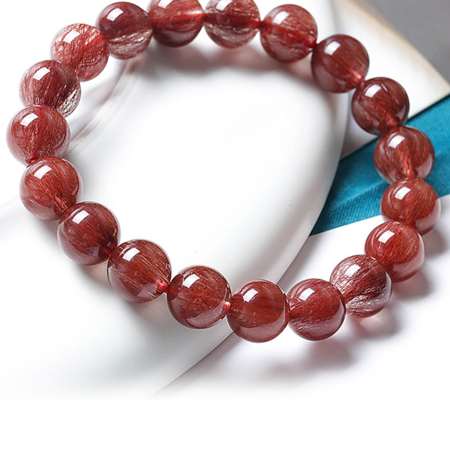 天然红发晶手链女铜发晶顺发钛晶手串男巴西满发红水晶原石珠子