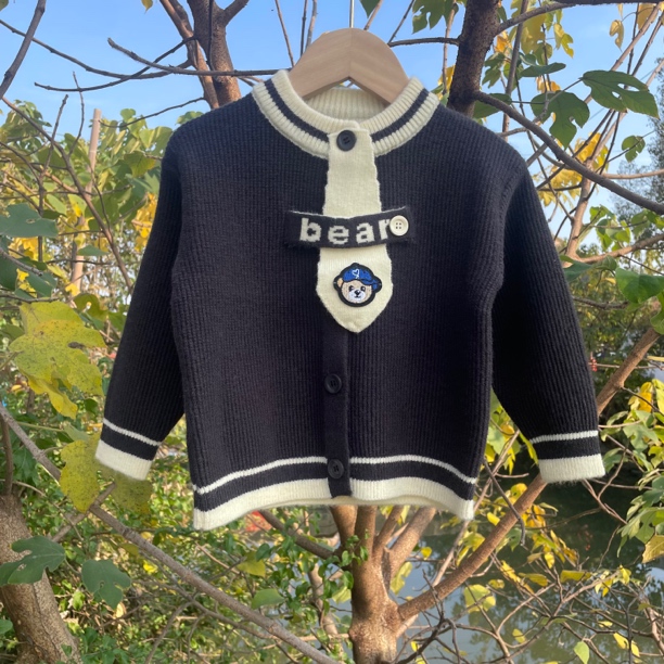 绅士风领带款碳黑色高级针织开衫童装外套毛衣外套深秋款