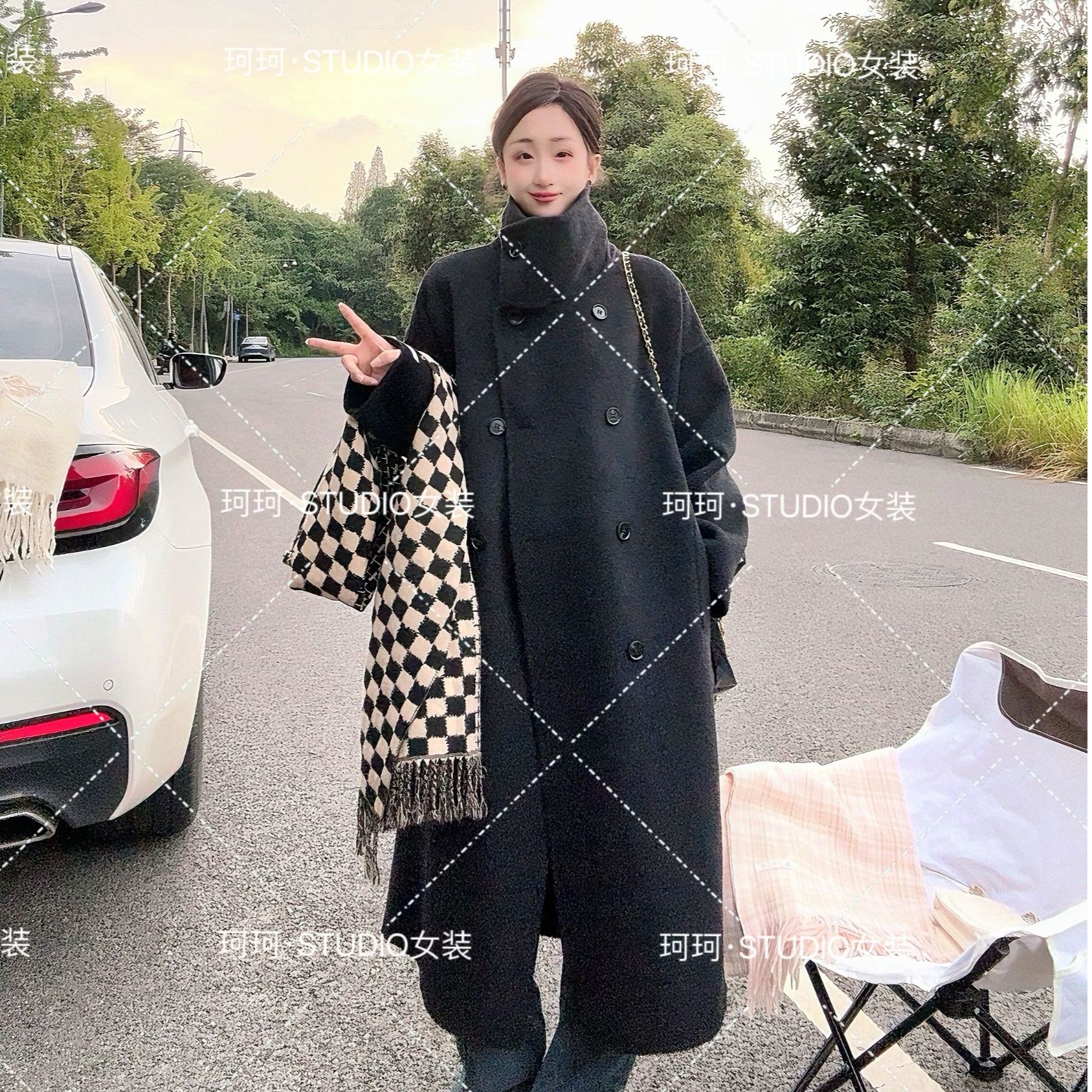 2025新款轻奢定制高级感立领斜扣双面绵羊毛大衣女中长款宽松显瘦