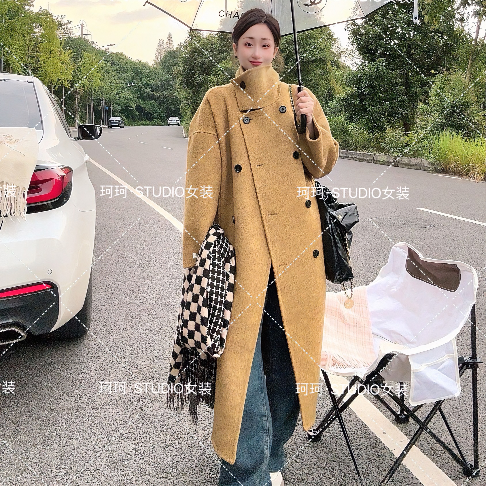 2025新款轻奢定制高级感立领斜扣双面绵羊毛大衣女中长款宽松显瘦