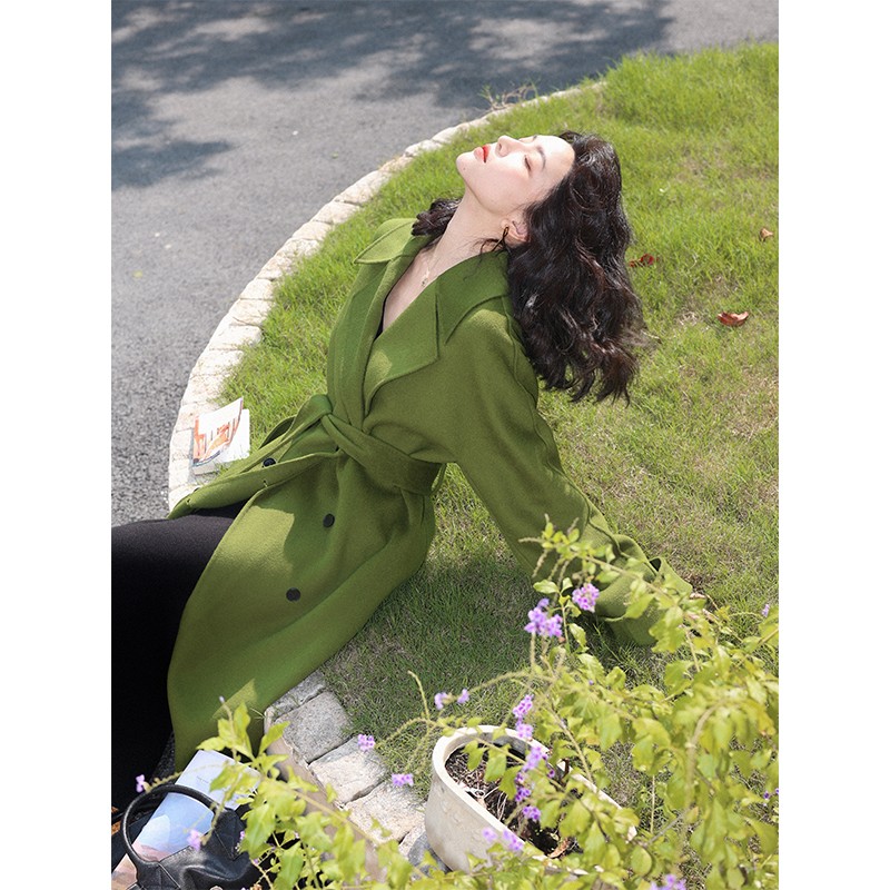 酒午自制法式复古100%羊毛双面呢大衣宽松中长款呢外套KLF2749新