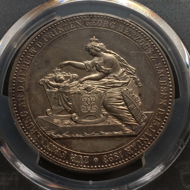 罕见Pc评级1893德国萨克森乔治王子诞生大银章，高分好品仅一枚