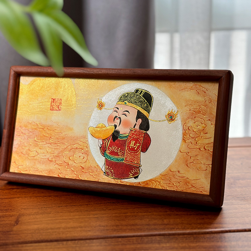 【金山财神】新中式国风装饰画客厅背景墙挂画木质相框绘画摆件手绘
