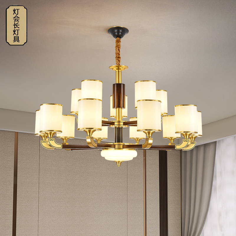 新中式全铜木艺客厅灯简约现代家用餐厅灯别墅复式楼大厅吊灯7120