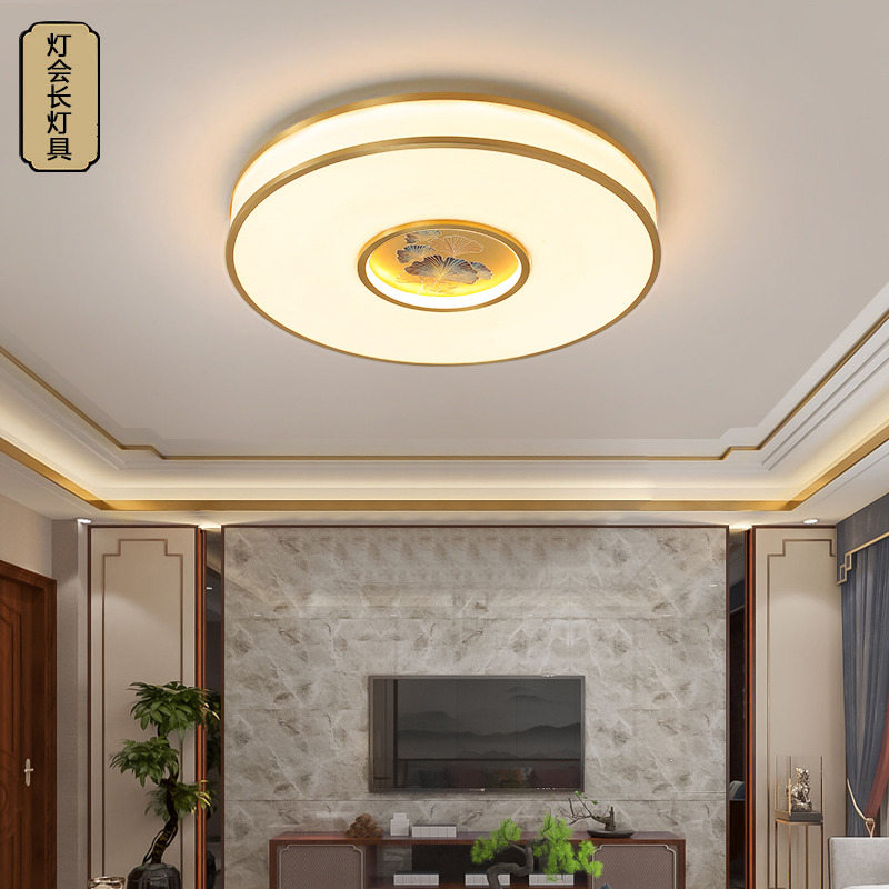 全铜客厅吸顶灯新中式卧室灯手工铜雕画禅意简约大气房间灯具991