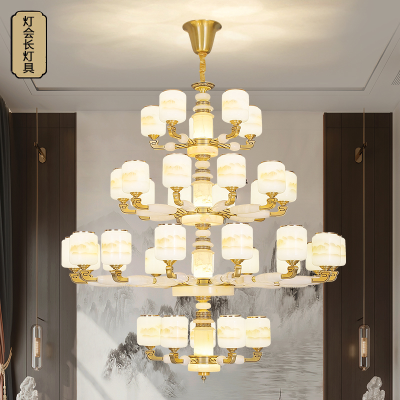 新中式全铜复式楼大吊灯奢华大气别墅酒店大厅灯高档客厅灯具2209