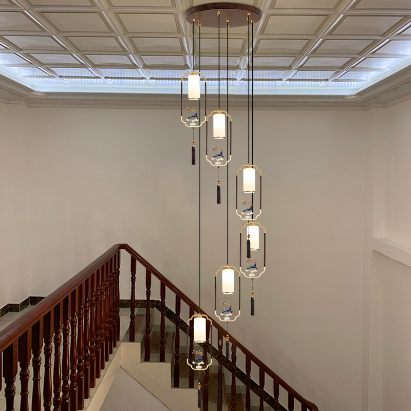 新中式全铜楼梯吊灯吉祥如意前程似锦迎客松复式家用旋转大气灯具