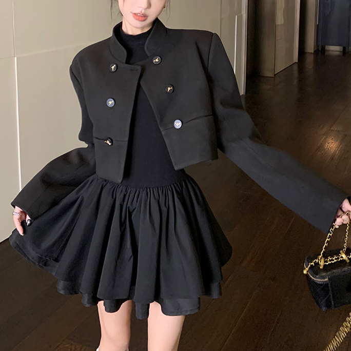 千金小黑裙公主半高领连衣裙针织蓬蓬裙+复古百搭小香风外套套装