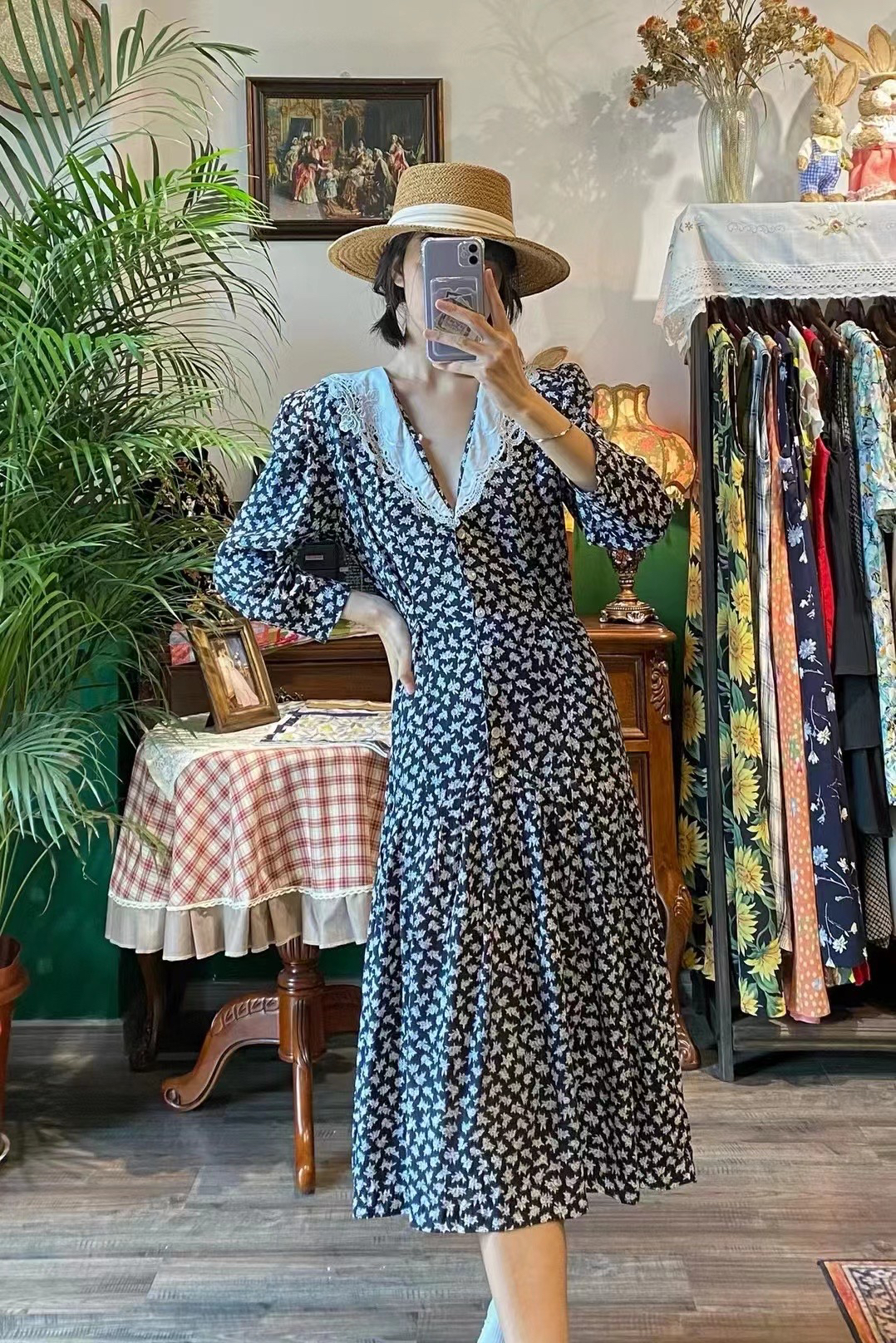 直播复古碎花连衣裙