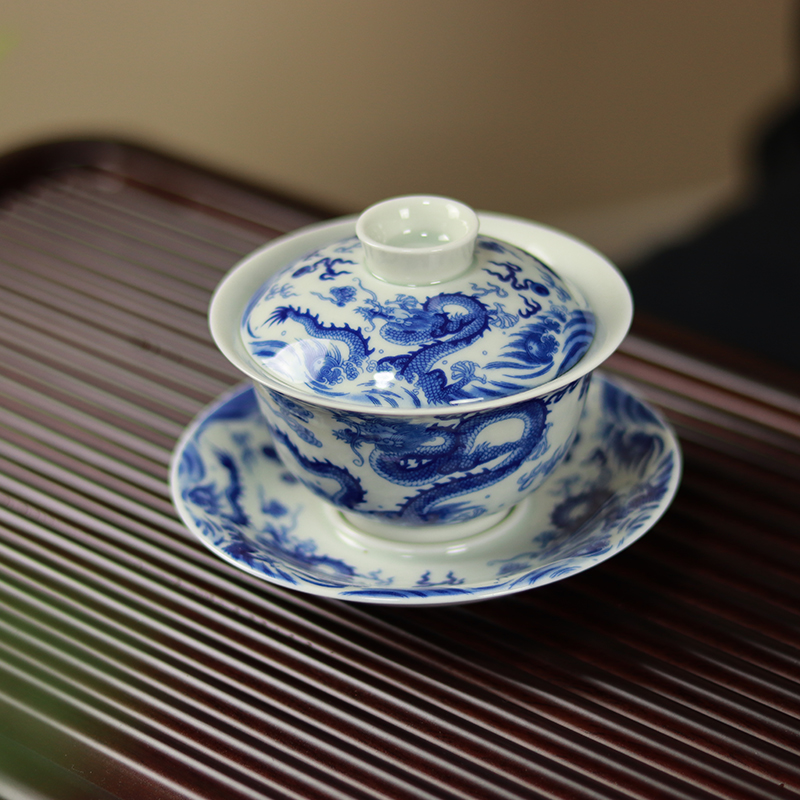 景德镇可悬停三才盖碗泡茶碗陶瓷家用青花瓷大号龙纹仿古茶碗悬浮
