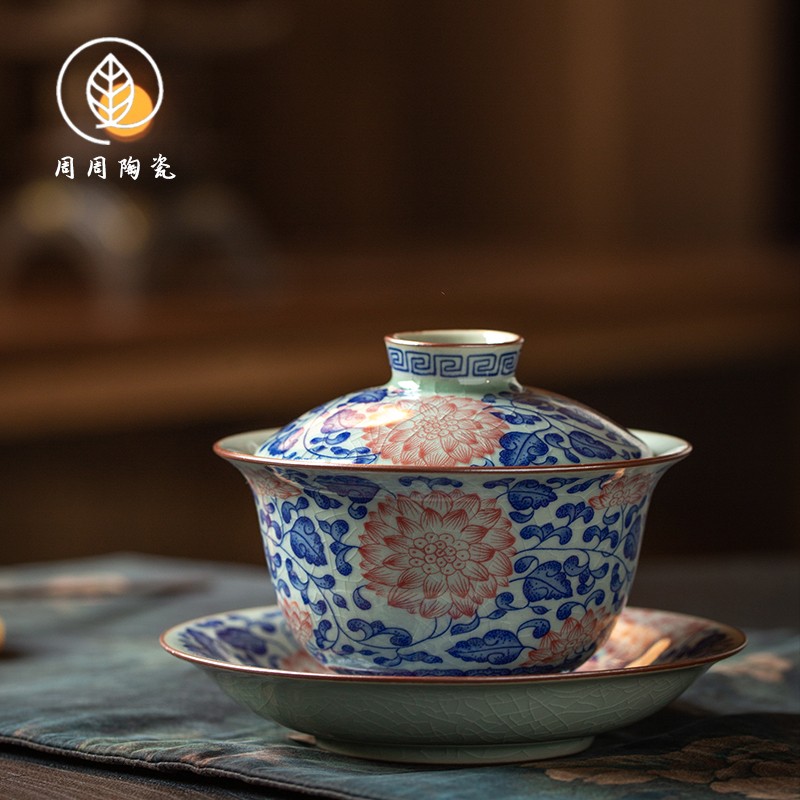 景德镇老陶泥青花缠枝莲三才盖碗陶瓷家用复古泡茶茶碗开片可养