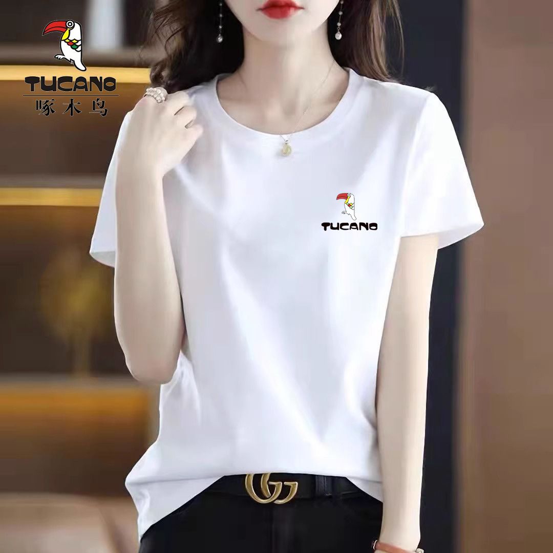 清仓捡漏啄木鸟正品夏季短袖t恤女2024新款百搭大码印花圆领上衣