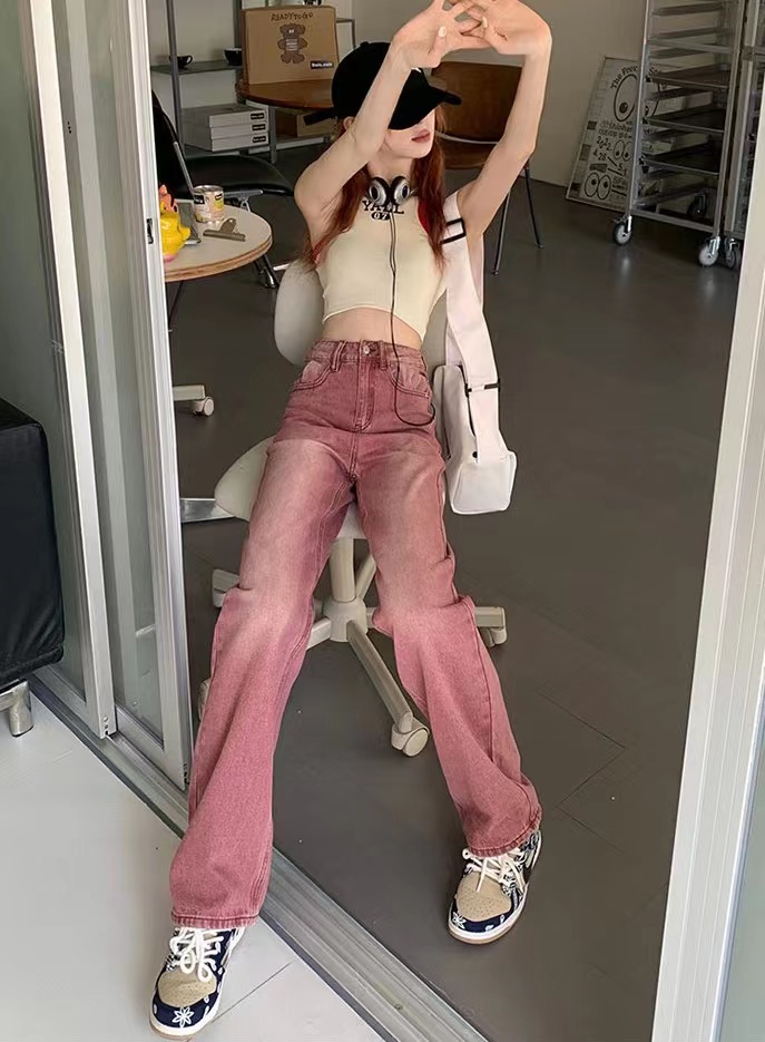 女装高腰阔腿牛仔裤宽松显瘦直筒复古阔腿裤垂感牛仔裤