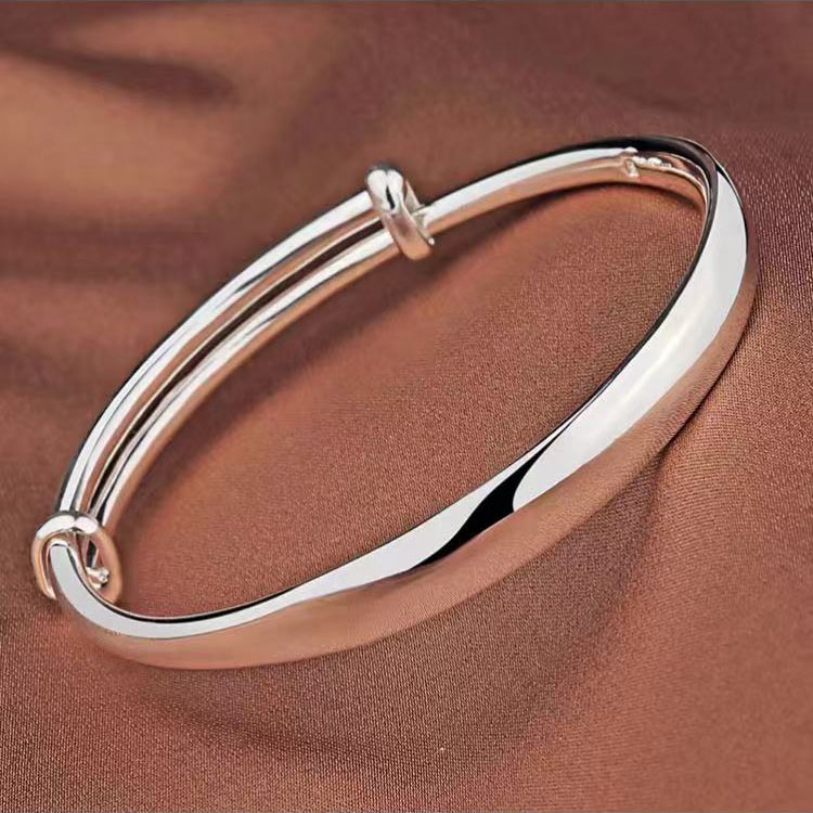 足银手镯 女款时尚甜美光面简约手镯足银推拉实心送女朋友礼物