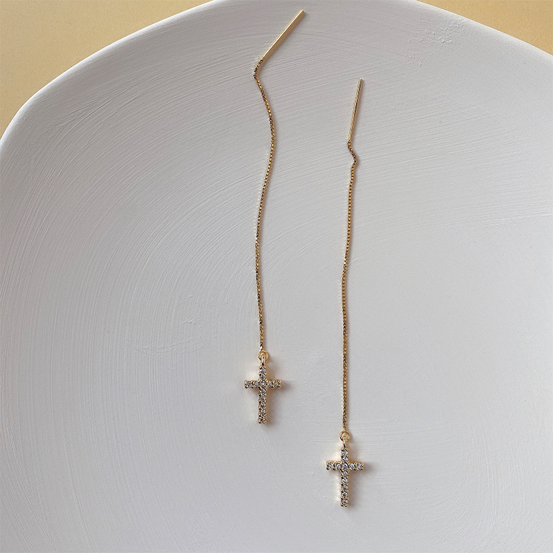 925银耳饰 十字架耳线长款纯银耳环时尚女显脸瘦简约时尚镶钻新款