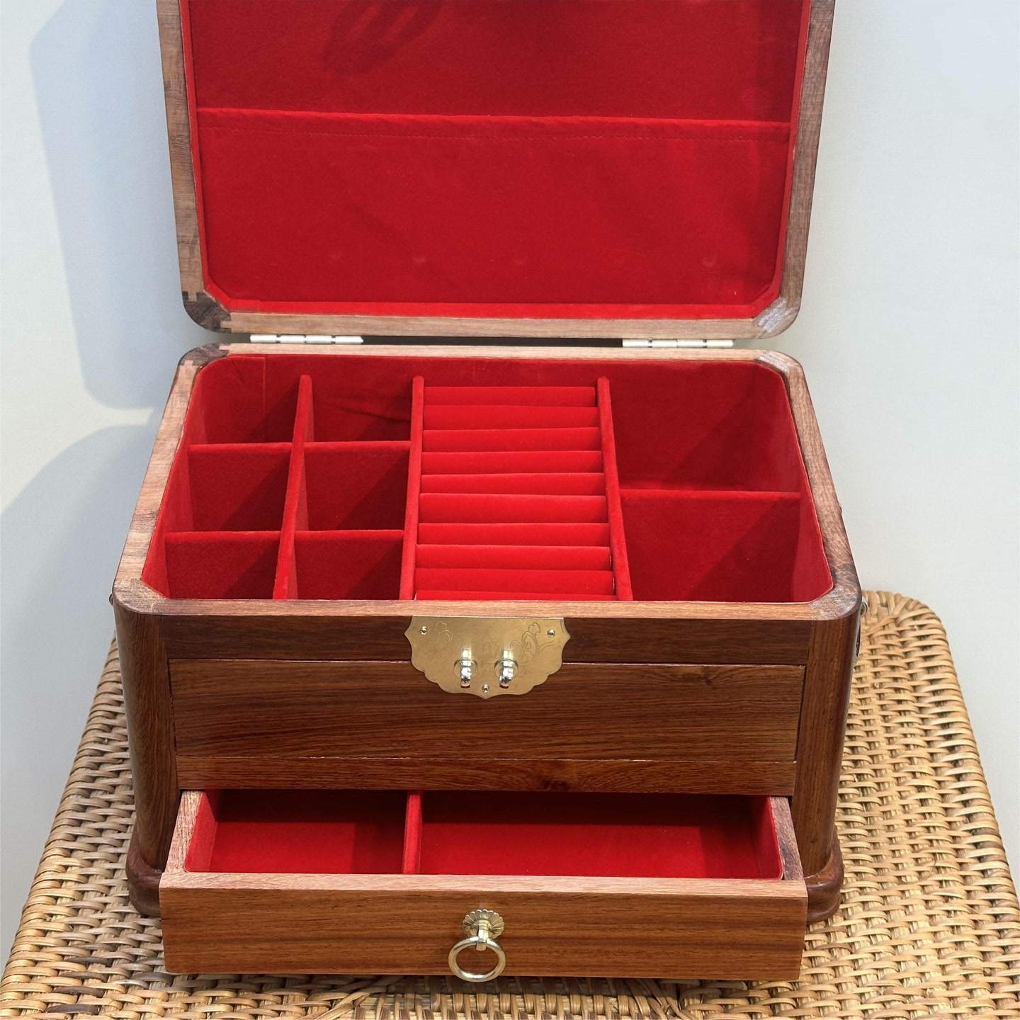 缅花双提手高档中式中国风素面双层单抽屉耳饰珠宝箱25*16*16cm